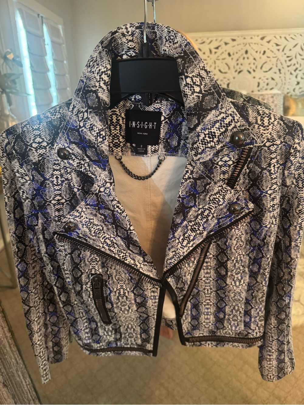 INSIGHT Blue and Gray Snake-Print Cropped Moto Jacket
